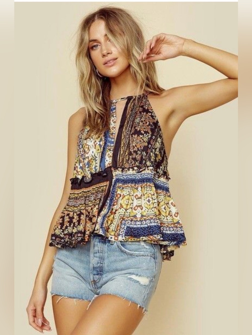 Free People Bellini Patchwork Tank Top Black Multi Large Boho Halter